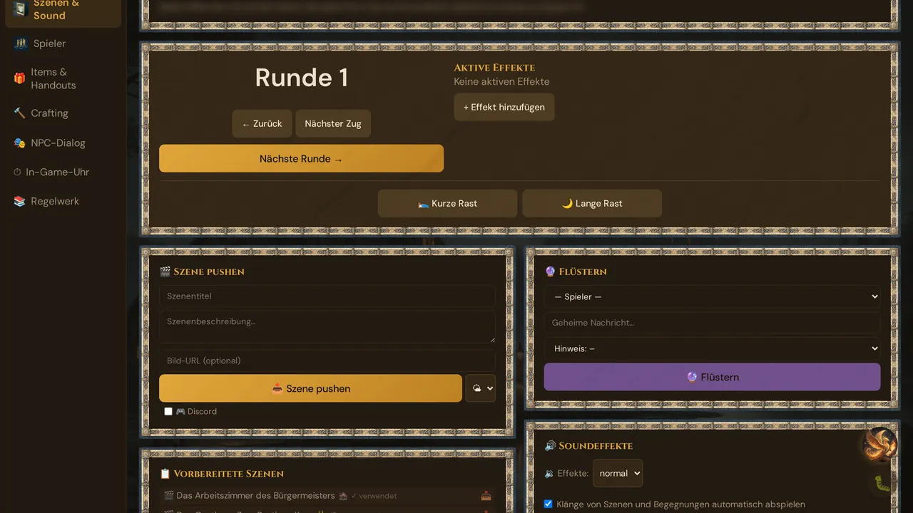 Wovenkeep-Live-Cockpit mit Rundenzähler, Szene pushen, Flüstern und Soundeffekten